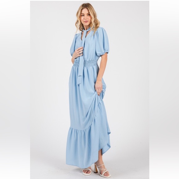 Boho  Bow Tie Neck Short Sleeve Maxi Dress - Picture 1 of 5